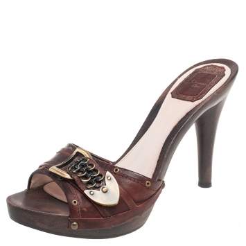Pre Owned Dior Brown Leather Diorissimo Chain Mules Size 39