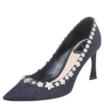 Pre Owned Dior Navy Blue Denim Crystal Embellished Pointed Toe Pumps Size 38.5
