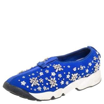 Pre Owned Dior Blue Mesh Fusion Floral Sequins Embellished Slip On Sneakers Size 39