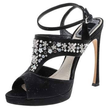 Pre Owned Dior Black Satin Embellished Ankle Strap Sandals Size 38