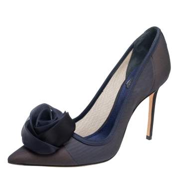 Pre Owned Dior Navy Blue Mesh And Canvas Embellished Rosette Pointed Toe Pumps Size 37