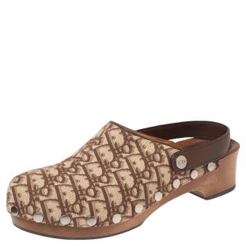 Pre Owned  Dior Beige/Brown Oblique Canvas Diorquake Slingback Clogs Size 41