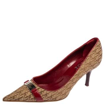 Pre Owned Dior Red-Beige Oblique Canvas And Leather Logo Pointed Toe Pumps Size 38