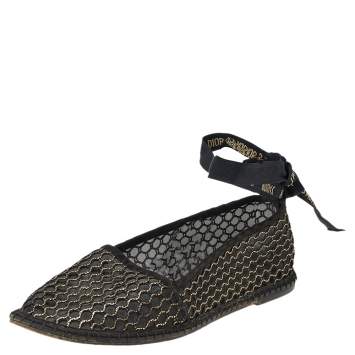 Pre Owned Dior Black-Gold Mesh, Suede, And Raffia Miss J'Adior Espadrille Ankle Wrap Flats Size 40