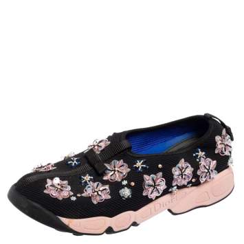 Pre Owned Dior Black Mesh Neoprene Fusion Embellished Low-Top Sneakers Size 39.5