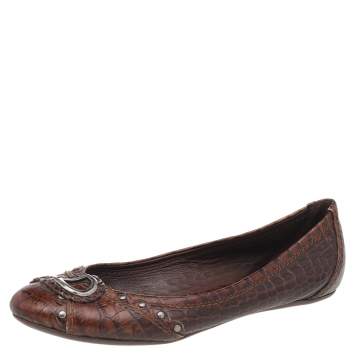 Pre Owned Dior Brown Croc Embossed Leather Ballet Flats Size 39
