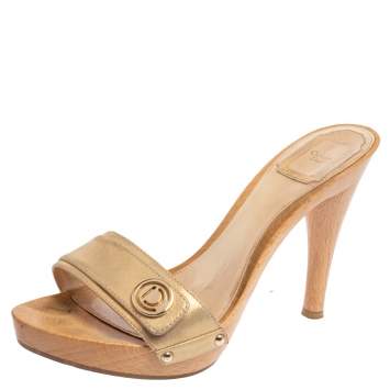 Pre Owned Dior Gold Leather Wooden Platform Clog Slide Sandals Size 38.5