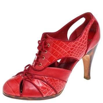 Pre Owned Dior Red Croc Embossed Leather And Leather Oxford Lace Up Booties Size 39.5