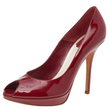 Pre Owned Dior Red Patent Leather Miss Dior Peep Toe Pumps Size 39