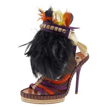 Pre Owned Dior Multicolor Braided Fabric, Leather, Ostrich Feather, And Suede Ankle Wrap Sandals Size 39.5