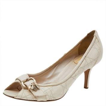 Pre Owned Dior Cream Cannage Leather Bee Detail Peep Toe Pumps Size 41