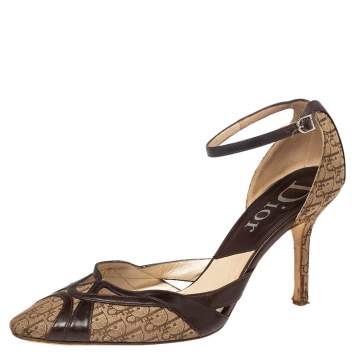 Pre Owned Dior Brown Leather And Diorissimo Canvas Ankle Strap Sandals Size 38.5