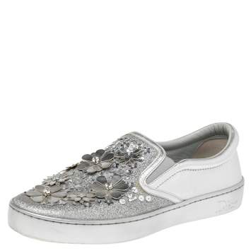 Pre Owned Dior Metallic Silver Glitter And Leather Dior Happy Floral Embellished Slip On Sneakers Size 41