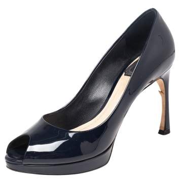 Pre Owned Dior Navy Blue Patent Leather Peep toe Pumps Size 36