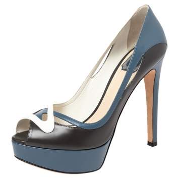Pre Owned Dior Tricolor Leather Peep Toe Platform Pumps Size 37.5