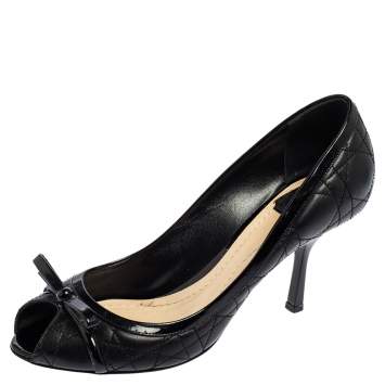 Pre Owned Dior Black Leather Cannage Quilted Peep Toe Bow Pumps Size 40