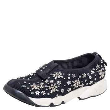 Pre Owned Dior Black Mesh Fusion Crystal Embellished Slip On Sneakers Size 37.5