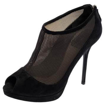 Pre Owned Dior Black Suede And Mesh Peep Toe Platform Booties Size 37.5