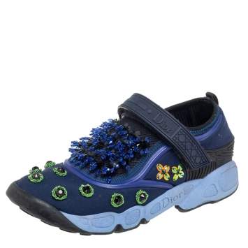 Pre Owned Dior Blue Crystal And Sequins Embellished Fabric Fusion Sneakers Size 36.5