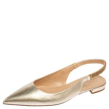 Pre Owned Dior Metallic Light Gold Leather Crystals Embellished Slingback Flats Size 40