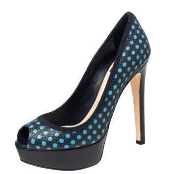 Pre Owned Dior Black and Blue Leather Contrast Cannage Peep Toe Platform Pumps Size 37