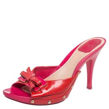 Pre Owned Dior Pink/Red Patent Leather Bow Open Toe Slide Sandals Size 41.5