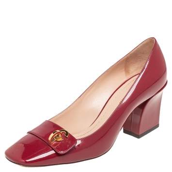 Pre Owned Dior Red Patent Leather Logo Square Toe Pumps Size 36