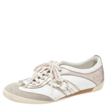 Pre Owned Dior White/Gold Leather and Suede Lace Up Sneakers Size 36.5