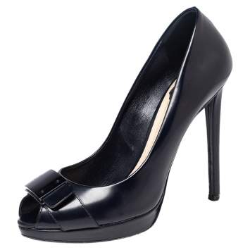 Pre Owned Dior Dark Blue Glossy Leather Logo Plaque Peep Toe Pumps Size 38.5