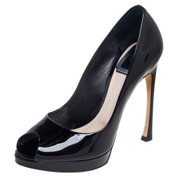 Pre Owned Dior Black Patent Leather Peep Toe Platform Pumps Size 36.5