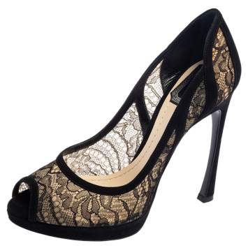 Pre Owned Dior Black Lace And Suede Dior Lingerie Peep Toe Platform Pumps Size 36.5