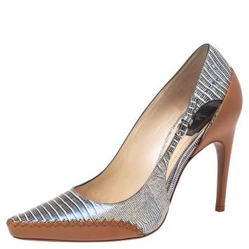 Pre Owned Dior Tricolor Lizard Embossed Leather Cut Out Pointed Toe Pumps Size 38.5