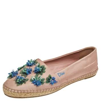 Pre Owned Dior Pink Canvas Embellished Espadrille Ballet Flats Size 40