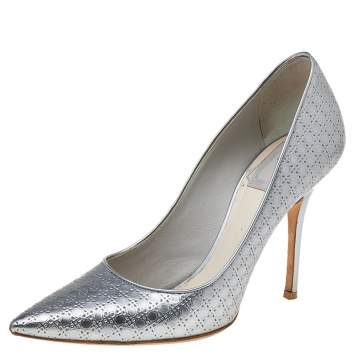 Pre Owned Dior Metallic Grey Micro Cannage Patent Leather Cherie Pointed Toe Pumps Size 36.5