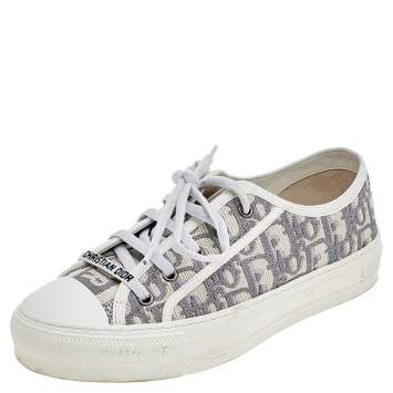 Pre Owned Dior White/Grey Oblique Embroidered Fabric Motif Walk'n'Dior Low Top Sneakers Size 38.5