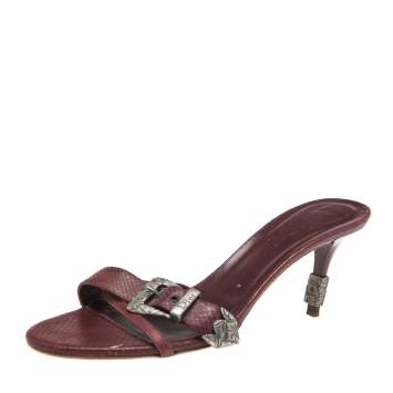 Pre Owned Dior Burgundy Snakeskin Embossed Leather Buckle Slide Sandals Size 39