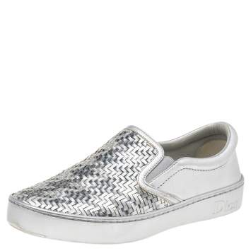 Pre Owned Dior Metallic Silver Woven Leather Slip On Sneakers Size 36