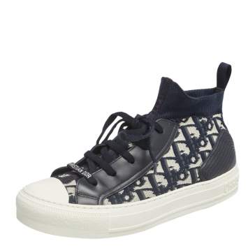 Pre Owned Dior Navy Blue Fabric And Leather  Walk'n'Dior High Top Sneakers Size 38