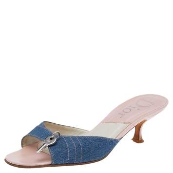 Pre Owned Dior Blue Denim Lock & Key Slide Sandals Size 38.5