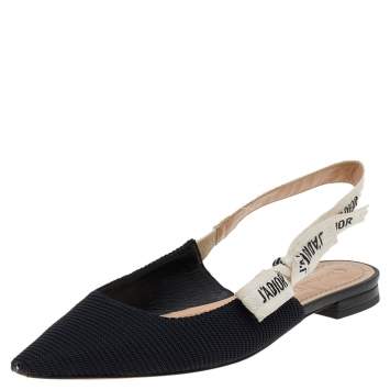Pre Owned Dior Black Technical Fabric And J'adior Ribbon Pointed Toe Slingback Flats Size 37.5