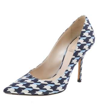 Pre Owned Dior Christian White/Blue Check Plaid Volt Canvas Pointy Toe Pump Size 35
