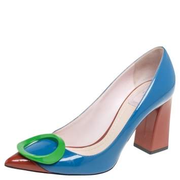 Pre Owned Dior Tricolor Patent Leather Pointed Toe Block Heel Pumps Size 37.5