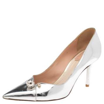 Pre Owned Dior Metallic Silver Foil Leather Charm Pointed Toe Pumps Size 37