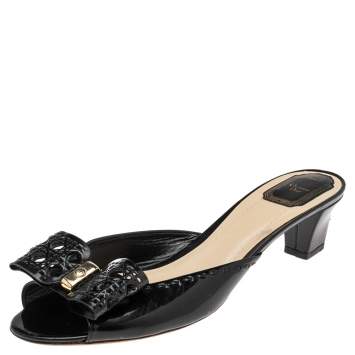 Pre Owned Dior Black Patent Leather Bow Peep Toe Slide Sandals Size 42
