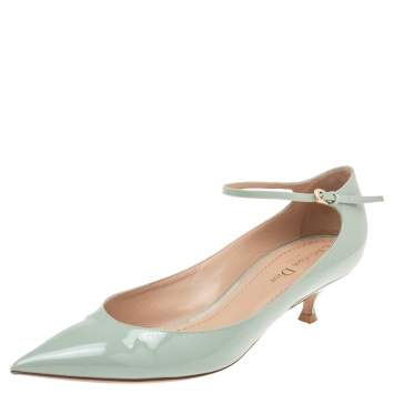 Pre Owned Dior Blue Patent Leather Pointed Toe Ankle Wrap Pumps Size 38.5