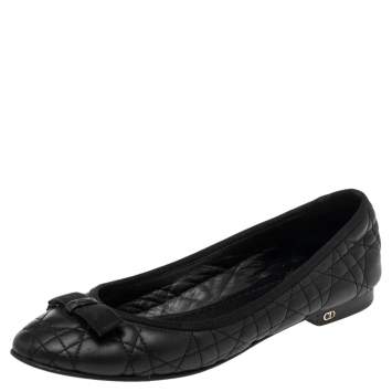 Pre Owned Dior Black Cannage Leather My Bow Ballet Flats Size 38