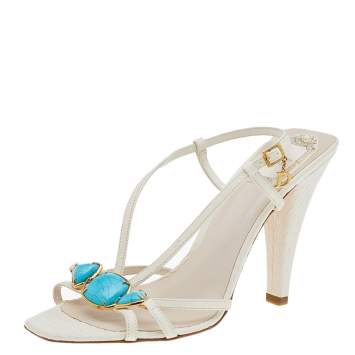 Pre Owned Christian Dior White/Blue Leather Open Toe Piedra Sandals Size 38