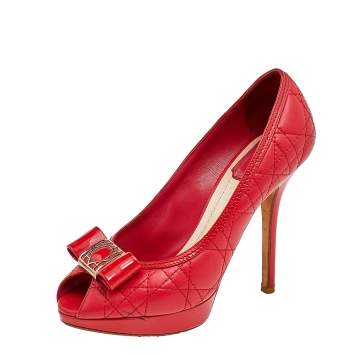 Pre Owned Dior Red Cannage Leather Bow Peep Toe Pumps Size 36.5