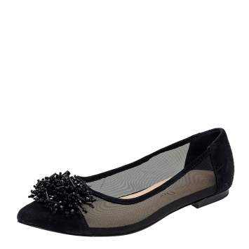 Pre Owned Dior Black Suede And Mesh Embellished Pointed Toe Ballet Flats Size 36