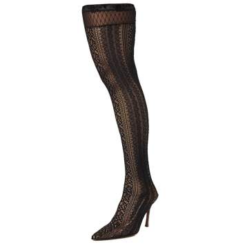 Pre Owned Dior Black Lace And Croc Embossed Leather Over The Knee Boots Size 38